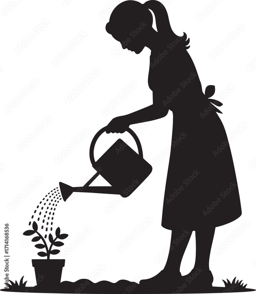 Obraz premium Silhouette of a Woman Watering a Plant in a Pot Against a Transparent Background Vector Art
