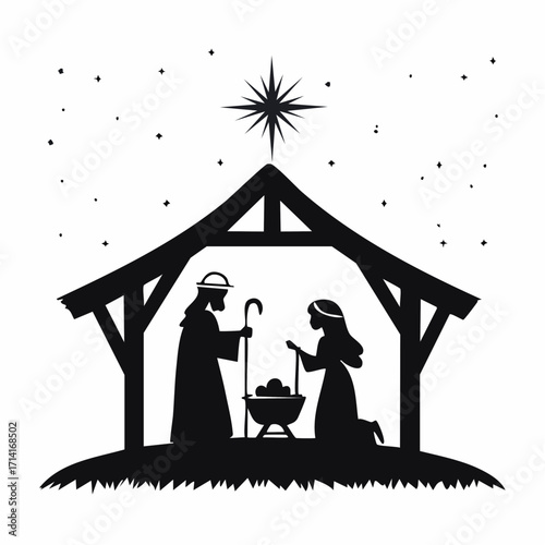 Beautiful silhouette of the nativity scene with Joseph, Mary, Jesus, and the shining star above