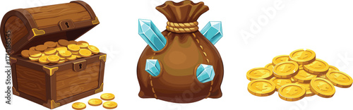 Treasure chest full of gold coins, money bag with crystals, stacked golden coins, wealth fortune concept, cartoon illustration, financial success