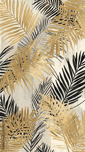 Abstract Golden Palm and Black Line Art Botanical Wallpaper for Modern Interior Design