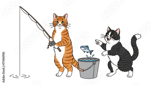 Feline Fishing Friends: Two adorable cartoon cats, one diligently fishing with a rod, while the other celebrates the catch of a single, wriggling fish, rendered in playful illustration.