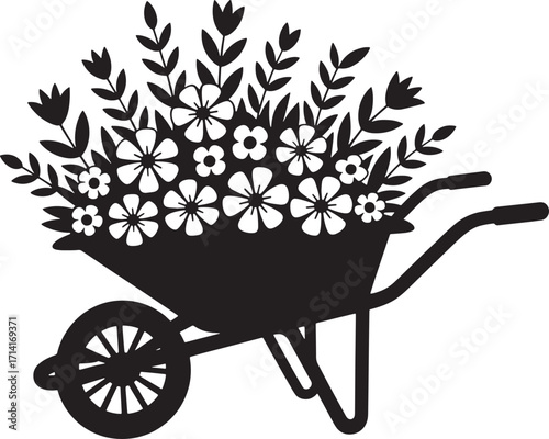 Wheelbarrow Filled with Flowers Silhouette Vector Illustration for Garden Projects and Landscaping Designs