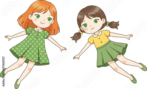 Two cute little girls illustration, happy children character drawing, cartoon kids vector art, childhood friendship design, playful girls in dresses