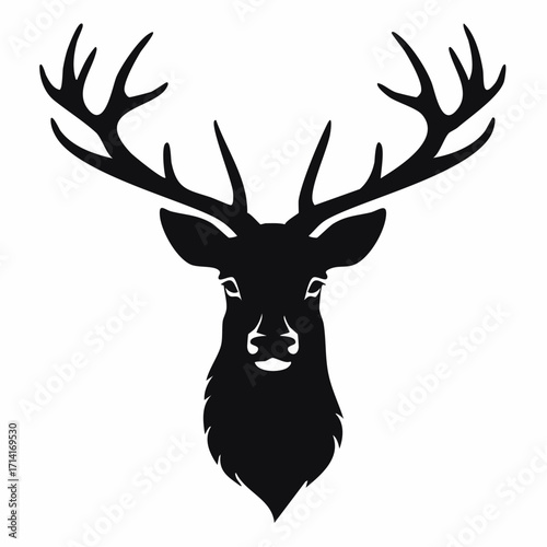 Majestic deer head silhouette with impressive antlers, perfect for rustic logo designs or nature themes