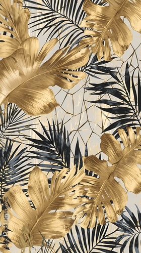 Abstract Golden Palm and Black Line Art Botanical Wallpaper for Modern Interior Design