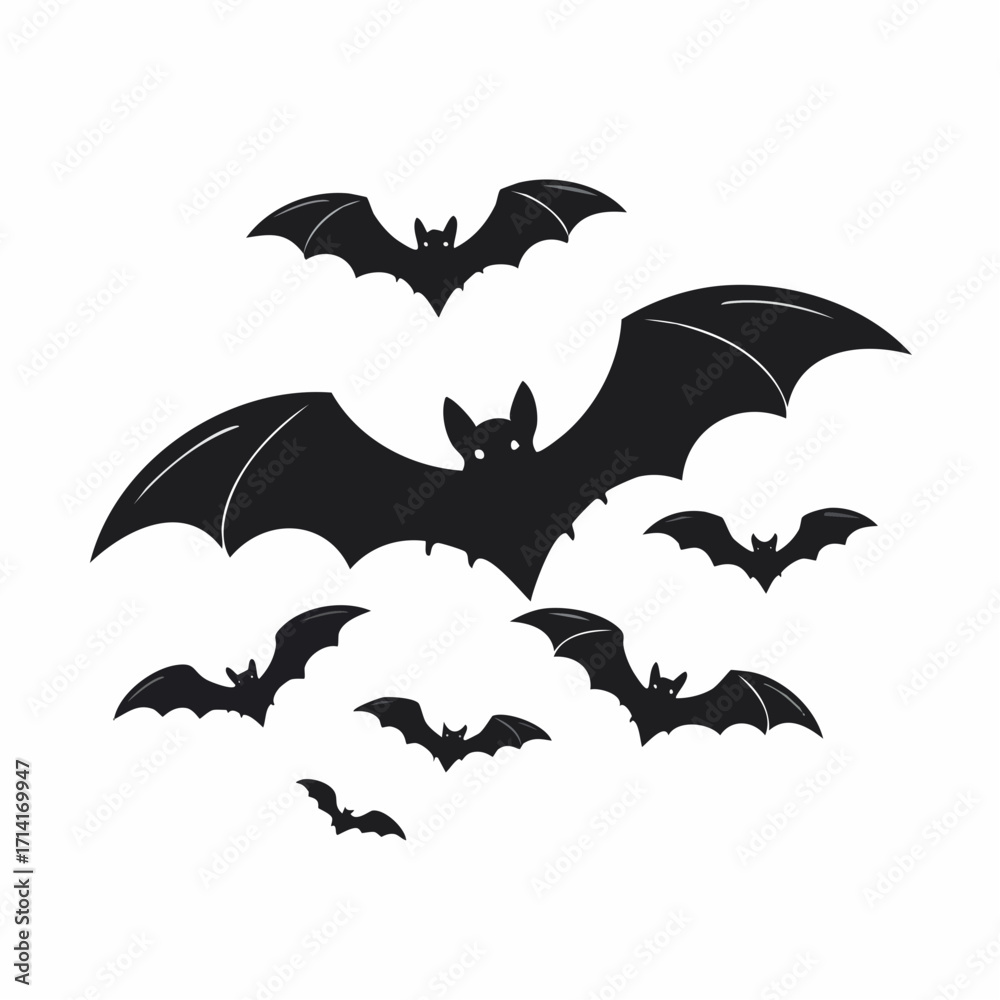 Naklejka premium Spooky swarm of bats flying silhouettes for Halloween designs and creepy illustrations, digitally crafted