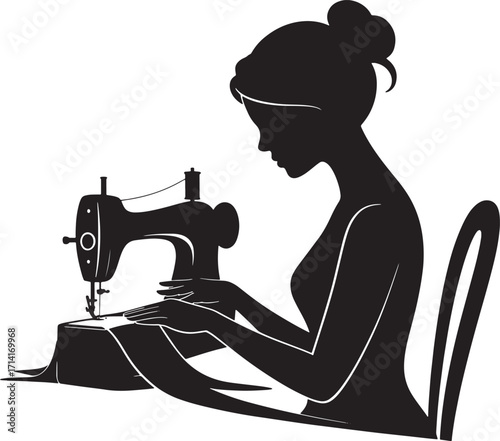 Silhouette of a Seamstress Using a Sewing Machine Against a Transparent Background Vector Art