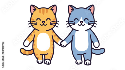 Hand-in-hand Harmony: Adorable cartoon cats, a symbol of friendship and togetherness, stroll side by side, showcasing unity in a heartwarming animated scene.