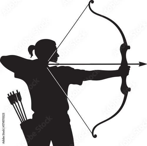 Focused Archer Aiming with Bow and Arrow Silhouette of a Skilled Person in Action Vector Graphic