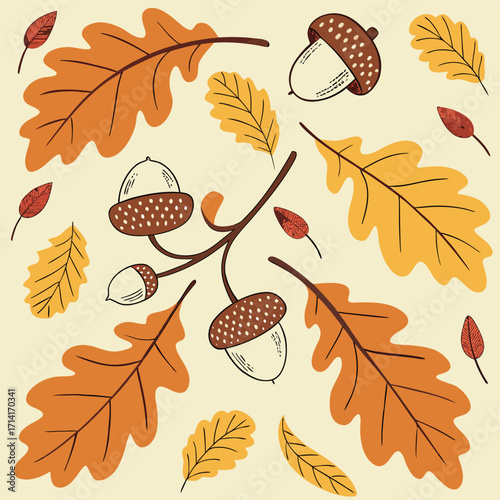 A seamless autumnal pattern featuring clusters of oak leaves and acorns fall background