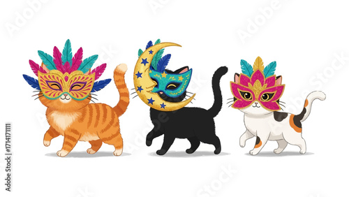 Festive Cats in a Parade: A whimsical illustration showcasing three adorable cats, each adorned in vibrant masquerade masks and celebratory headgear, walking in a colorful parade setting.