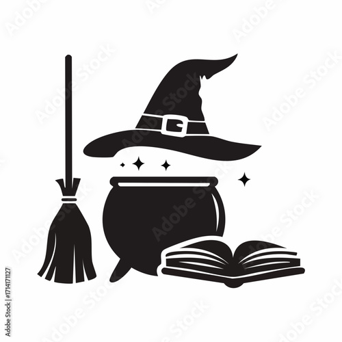 Enchanting witch's brew with hat, broom, and spellbook for Halloween magic and spooky season fun