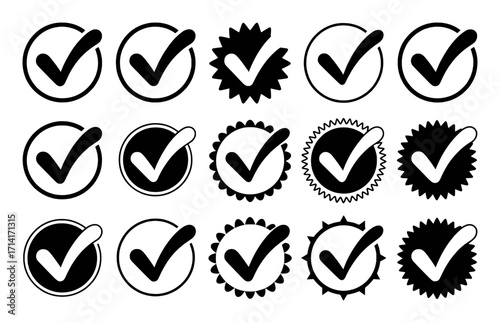 Collection of Check Mark Icons in Circles and Starbursts