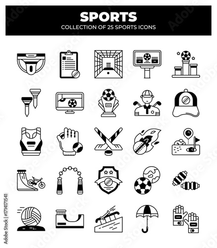 Collection of 25 Sports Icons.  Vector Graphics of Sport Equipment. Uniforms & Awards