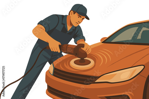 Auto detailing expert polishing vehicle with electric buffer in retro style