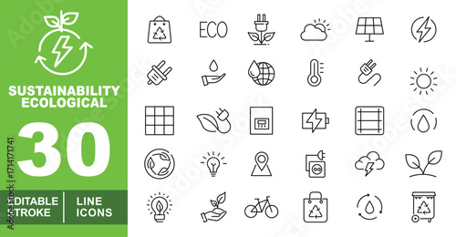 Sustainability line icon set. Shoppingbag, Eco, Plantelectricity, Cloudsun, Solarpanel, Electricity, Plug, Handwater, Dropglobe, Thermometer, Plugpower, Sun, Grid. Editable stroke icons collection.