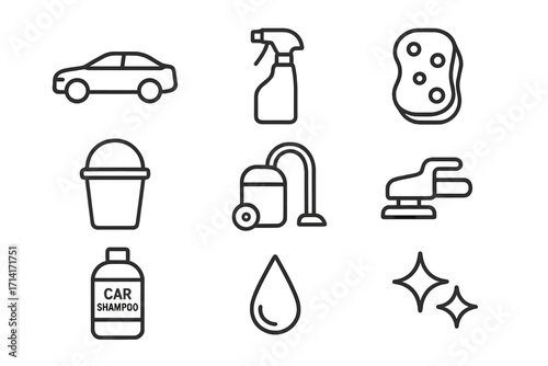 Car cleaning essentials icons on dark background