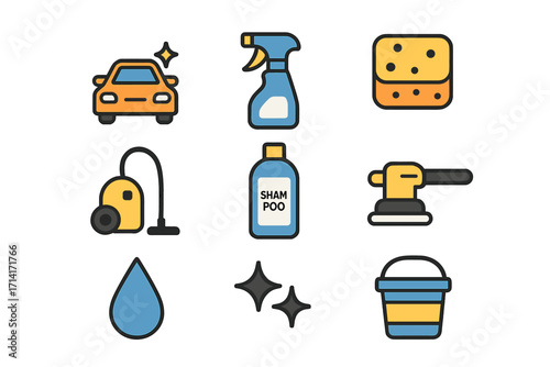 Car cleaning essentials: tools and equipment icons for care and maintenance
