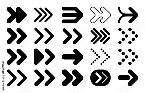 Collection of diverse black arrow icons pointing right, various styles