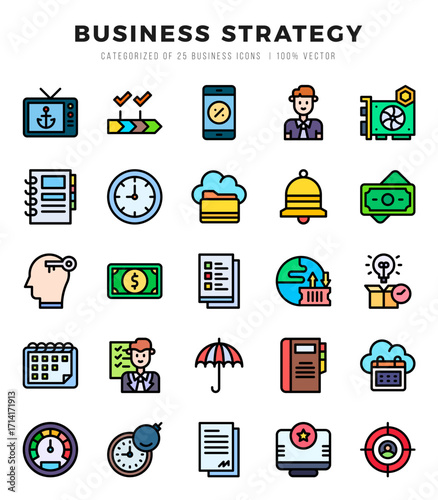 Collection of Business Strategy 25 Lineal Color Icons Pack.