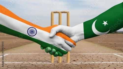 The video shows two hands, one with the Indian flag and one with the Pakistani flag, shaking hands above a cricket stadium.