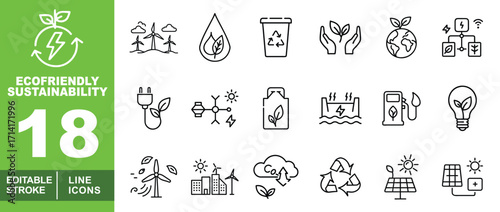 Eco-friendly line icon set. Windmills, Leafdrop, Recyclebin, Handsplant, Globeplant, Treebox, Leafelectricity, Anemometer, Plantbag, Waterpower, Station, Leafbulb. Editable stroke icons collection.