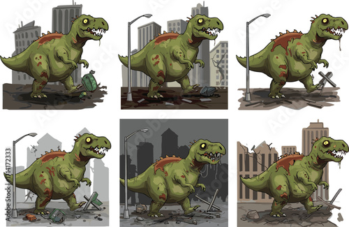 Green dinosaur, cartoon rampage, city destruction, urban chaos, T-Rex attack, broken buildings, crushed cars, comic style, dramatic illustration, debris