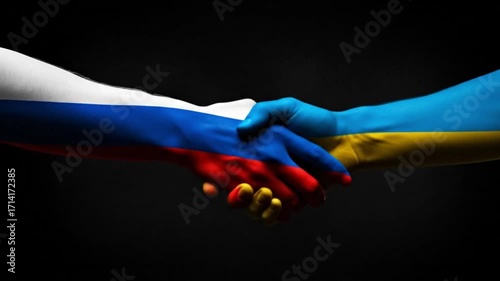 Two hands, painted as the flags of Russia and Ukraine, reach to shake in solidarity against a black background. The image evokes a sense of negotiation, diplomacy, and potential conflict resolution.
