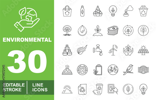 Environmental line icon set. Shoppingbag, Waterbottle, Trash, Leaflight, Plantcloud, Recyclebin, Tree, Waterdrop, Plant, Textile, Circletree, Globeicon, Ocean, Heat. Editable stroke icons collection.