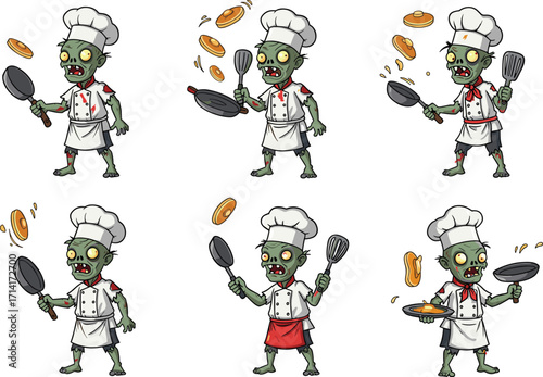 Zombie chef flipping food, cartoon undead cook, horror kitchen character, funny monster illustration, frying pan action, vector art design