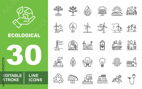 Ecological line icon set. Handglobe, Solartree, Plant, Dropwater, Solarpanel, Field, City, Windpark, Lightbulb, Electricityleaf, Greenenergy and more. Editable stroke icons collection.