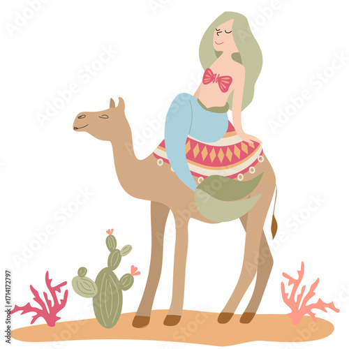 Creative illustration of mermaid riding a camel with desert plants. Fantasy mix of ocean and desert themes.