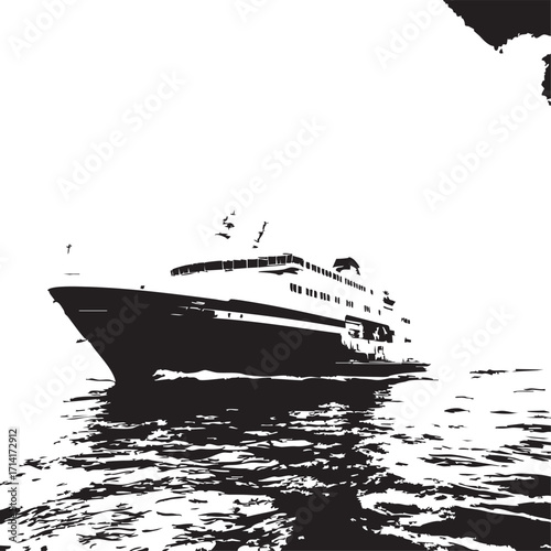 Ocean Liner Silhouette Vector — Black and White Illustration of Passenger Ship Sailing with Stylized Water Ripples and Dramatic Contrast