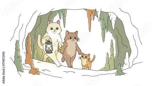 Cat Family Cave Exploration: A heartwarming cartoon scene depicts a cat family venturing through a mysterious cave, lantern in hand, symbolizing adventure and togetherness