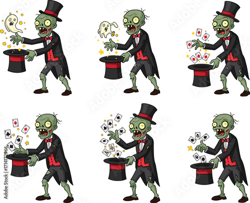 Zombie magician cartoon character performing spooky magic tricks, ghost illusions, flying cards, fantasy horror vector set for Halloween design
