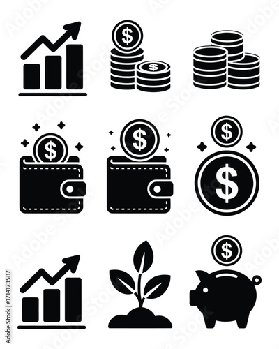 Black and white icons representing finance, investment growth, savings, and financial planning