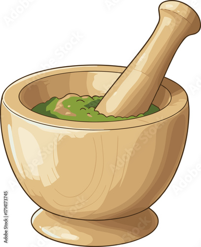 Wooden mortar and pestle illustration, herbal medicine grinder, traditional kitchen tool, spice crusher, organic food preparation, Ayurveda natural healthcare