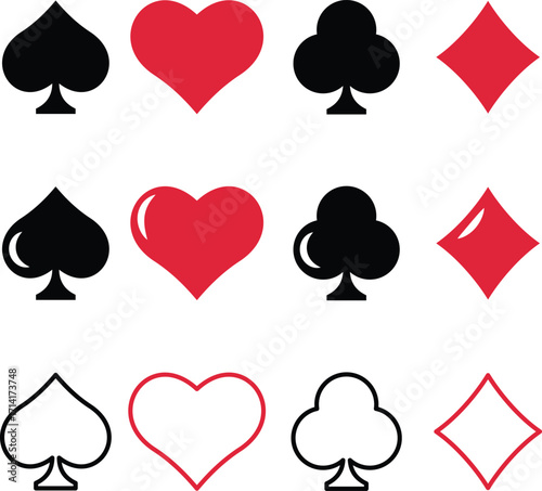 A modern and versatile vector icon set of the four classic playing card suits: Spades, Hearts, Clubs, and Diamonds. This collection features three distinct styles—solid fill, embossed/3D, and line art