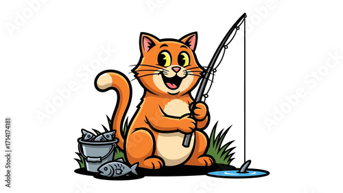 Purrfect Catch: A charming orange cat joyfully fishes with a fishing rod, accompanied by a bucket filled with freshly caught fish, embodying the spirit of outdoor leisure.