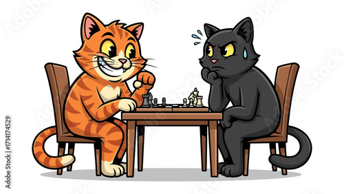 Cats Chess Game: A clever illustration showcases two animated cats engaged in an intense chess match, each with distinct emotions and strategic perspectives on the wooden board