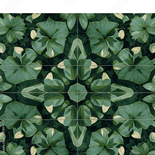 Tiles seamless pattern with flowers background of green leaves