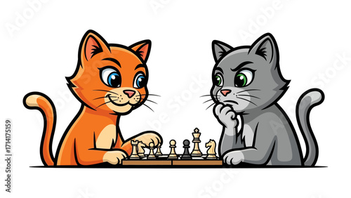 Chess Match between Felines: Two cartoon cats engage in a tense chess match, one cat wears a smug expression, while the other wears a concentrated expression and holds a thoughtful pose.