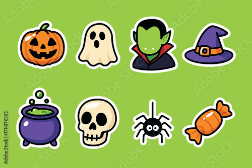 Cute Halloween Illustration with Pumpkin Ghost Dracula Skull Spider Witch Hat and Candy