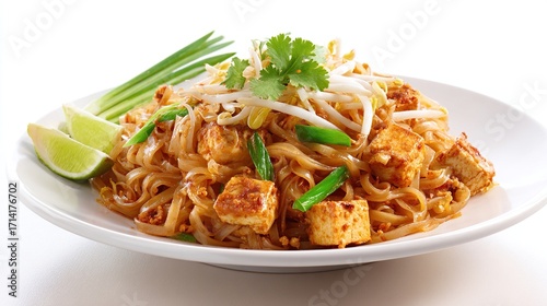 Wallpaper Mural Plate of Pad Thai noodles with tofu, sprouts, lime, and scallions, isolated Torontodigital.ca