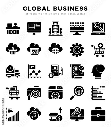 Vector icons set of Global Business. Glyph style Icons.