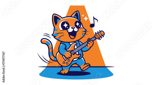 Rockstar Cat: A vibrant illustration of a cool cat rocking out on a guitar. In this image, a playful feline strums the guitar, surrounded by music notes.