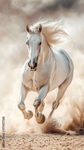 A white horse galloping and kicking up dust—suitable for articles about sports, freedom, nature, and advertising an active lifestyle.