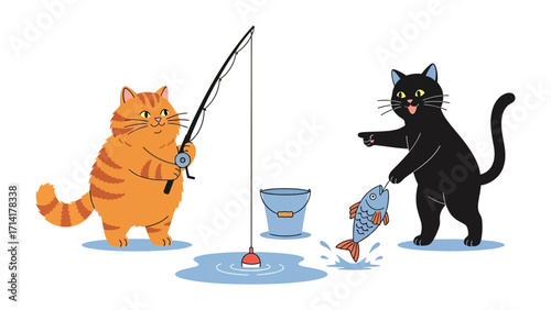 Fishing Cats' Fun: Two animated cats are fishing, one holding a rod as the other points at a fish, capturing the charm of their adventurous leisure in a playful illustration.