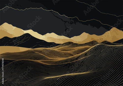 Abstract Pixel Art Landscape Illustration Featuring Gold and Black Mountains
