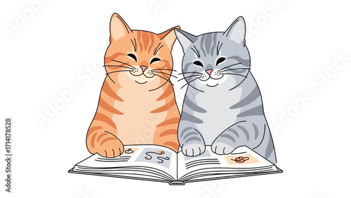 Happy Cats Reading Book: Two charming cats with endearing expressions are engrossed in a book. The scene captures a moment of shared joy, showcasing their camaraderie and the delight of reading. 